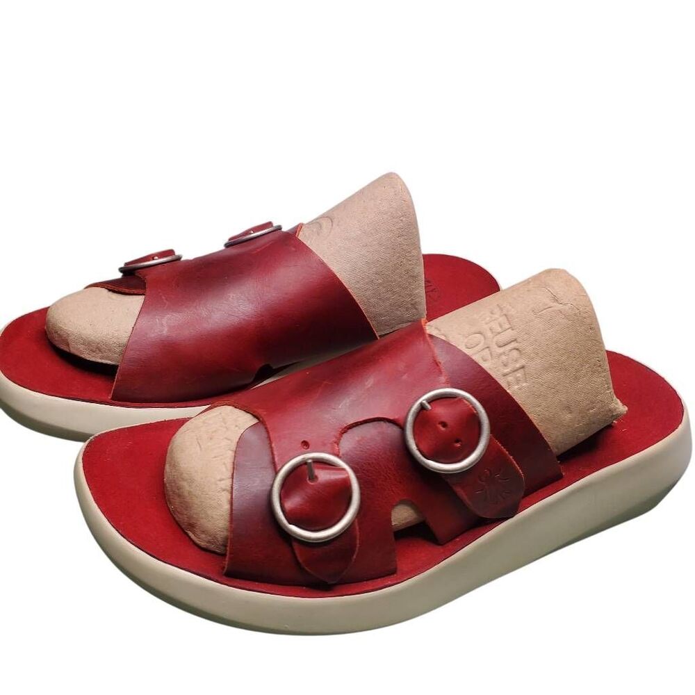Rare Fly London Bait742fly Red Leather Double Buckle slip-on Sandals Size 40 US - Picture 2 of 10